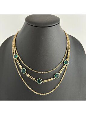 Three Strand Gold Tone Necklace Emerald Green Glass Bezel Set Bow Clasp